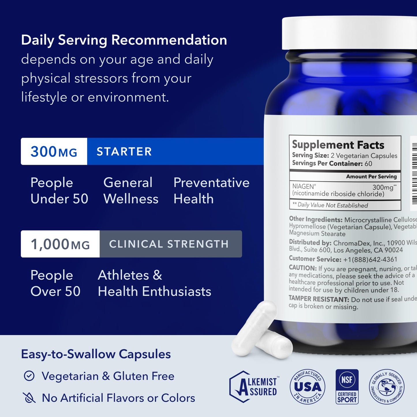 TRU NIAGEN Patented NAD+ Supplement, 60 300mg Servings | Nicotinamide Riboside (NR) Take 2 Daily | 1 Bottle