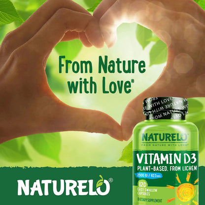 NATURELO Vitamin D - 2500 IU - Plant Based from Lichen - Natural D3 Supplement for Immune System, Bone Support, Joint Health - Vegan - Non-GMO - Gluten Free - 180 Capsules