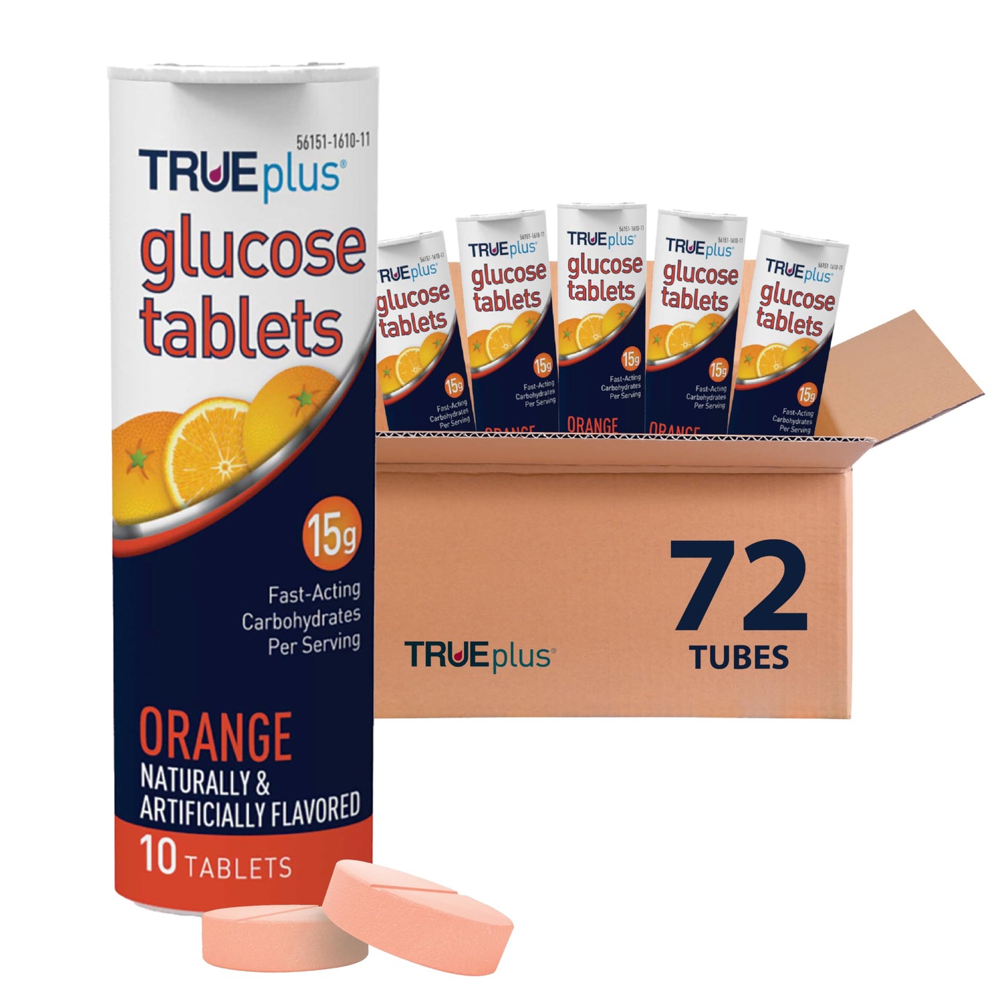 TRUEplus Glucose Tablets, Raspberry Flavor, 10 Count, 6 Tubes | Chewable Tablets, 15g Fast-Acting Carbohydrates, Fat Free, Gluten Free, Boosts Energy, Great Tasting and Easy to Use