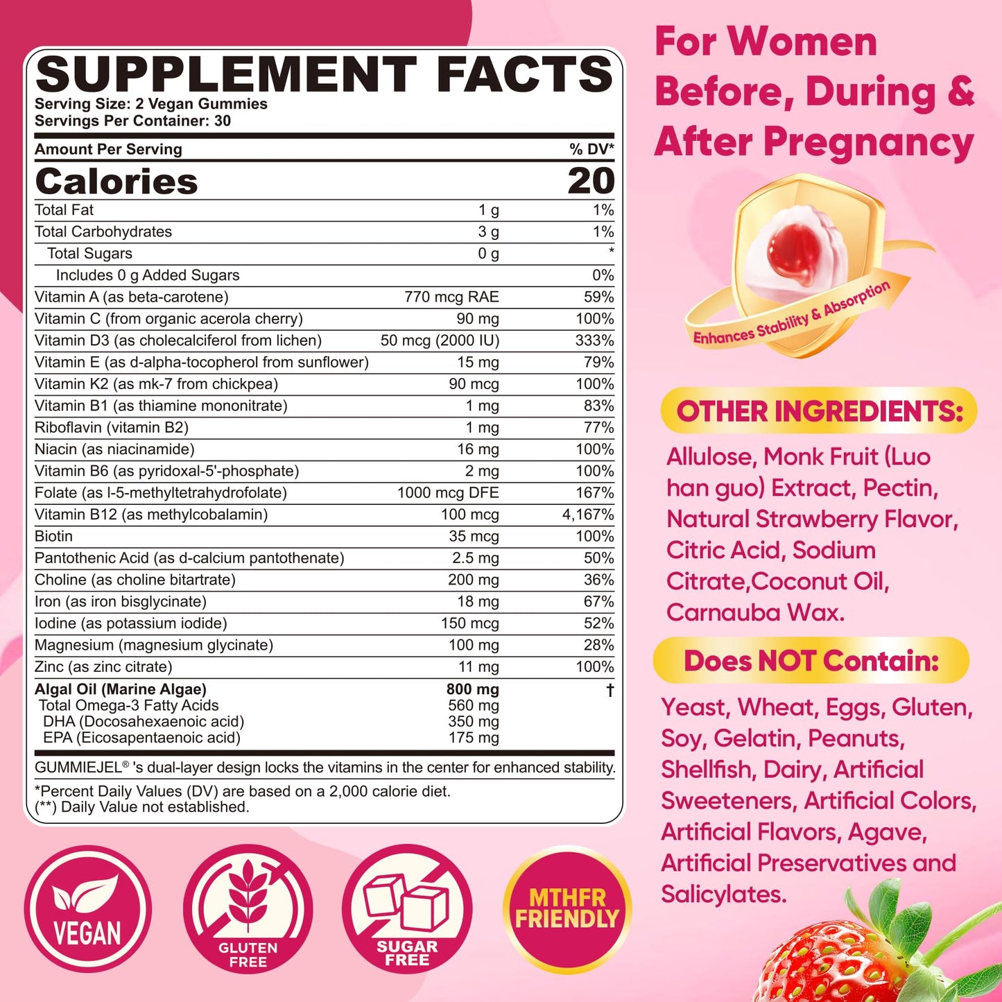 Prenatal Vitamins for Women Gummies, Methylfolate 1mg, Vegan Omega 3 DHA 800mg, Iron, Choline, Iodine, Vitamin D3 B6 B12 - Multivitamin for Women Before, During & After Pregnancy, Sugar Free, 60 Count