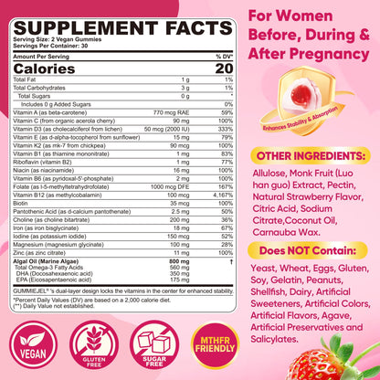 Prenatal Vitamins for Women Gummies, Methylfolate 1mg, Vegan Omega 3 DHA 800mg, Iron, Choline, Iodine, Vitamin D3 B6 B12 - Multivitamin for Women Before, During & After Pregnancy, Sugar Free, 60 Count
