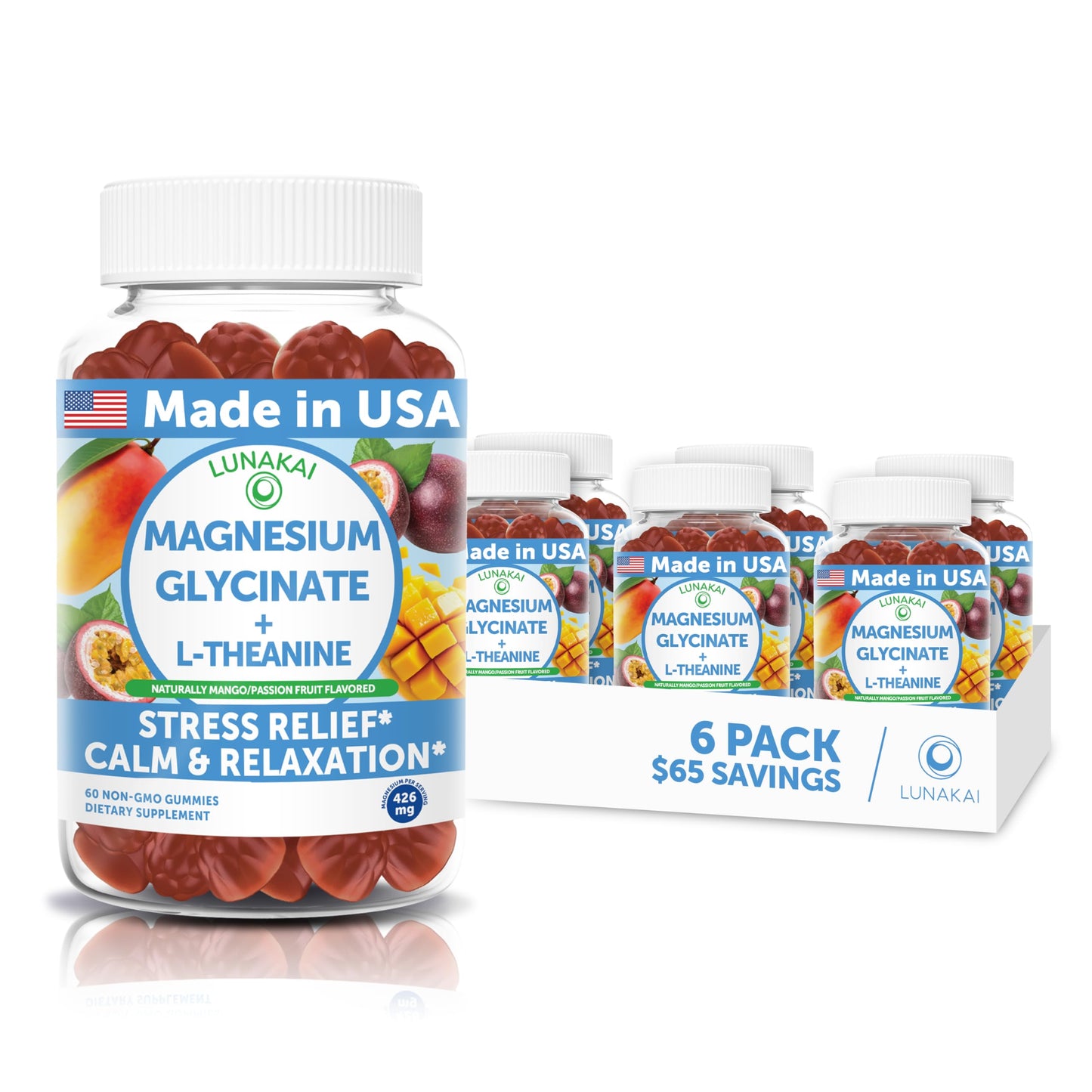 Lunakai USA Made Magnesium Glycinate Gummies with L-Theanine for Kids & Adults – 420mg Magnesium Supplement for Calm, Sleep & Stress Support, 60ct