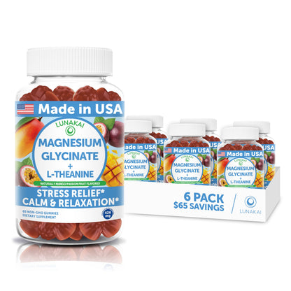 Lunakai USA Made Magnesium Glycinate Gummies with L-Theanine for Kids & Adults – 420mg Magnesium Supplement for Calm, Sleep & Stress Support, 60ct