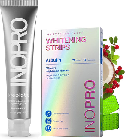 InoPro Teeth Whitening Strips 14 Treatments Kit + InoPro Whitening Hydroxyapatite Toothpaste with Probiotic for Sensitive Teeth 5oz