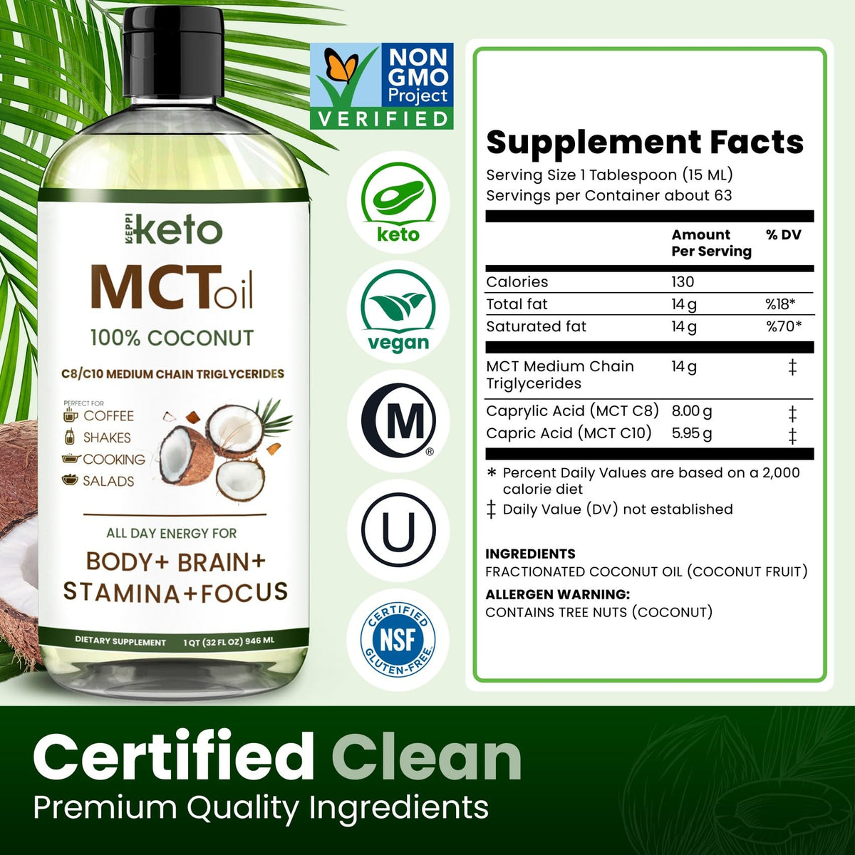 Keppi Flavorless MCT Oil - C8 and C10 for Keto Diet, Non-GMO, Certified Gluten-Free