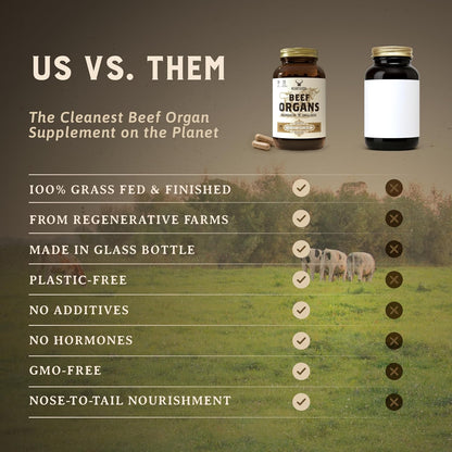 HEART & SOIL Beef Organs Supplement, 180 Capsules | 100% grass fed & finished from regenerative cattle with liver, heart, kidney, pancreas & spleen. 3000mg formula.