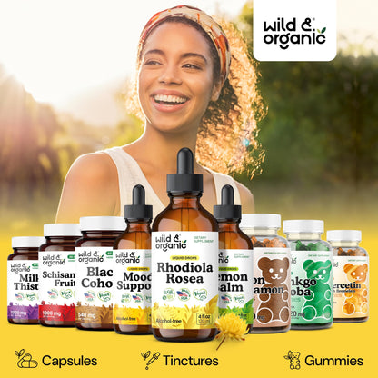 Wild & Organic Rhodiola Rosea Tincture - Rhodiola Rosea Supplement for Mood Support - Relaxing Root Extract Liquid Drops - Vegan, Sugar & Alcohol-Free - 4 fl oz