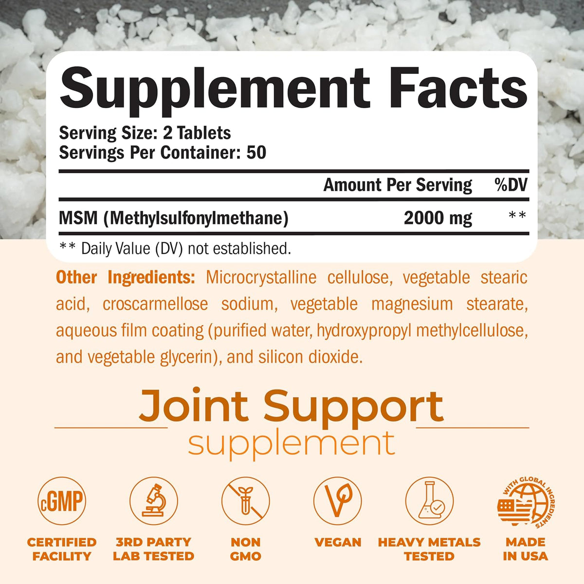 2000mg MSM Supplement for Cartilage & Joint Support - No Talc - 100 Tablets