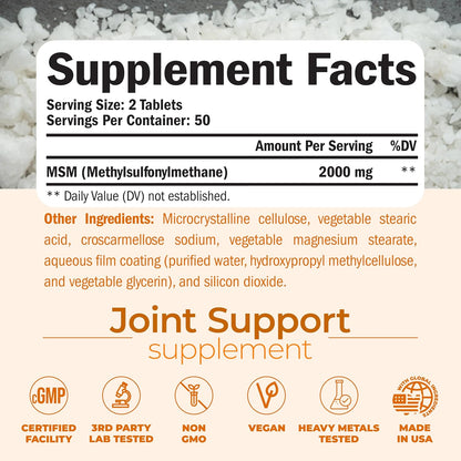 2000mg MSM Supplement for Cartilage & Joint Support - No Talc - 100 Tablets