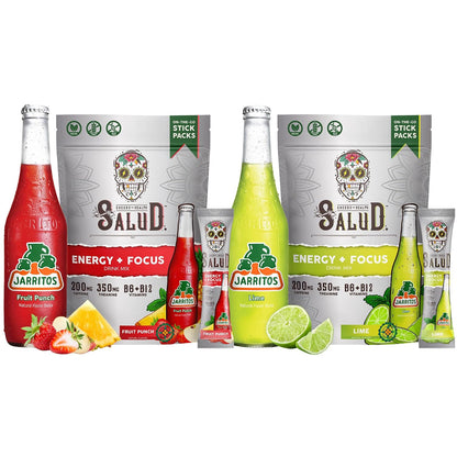 Salud x Jarritos 2-Pack | 2-in-1 Energy + Focus (Fruit Punch) & Energy + Focus (Lime) – 15 Servings Each, Agua Fresca Drink Mix, Non-GMO, Gluten Free, Vegan, Low Calorie, 1g of Sugar