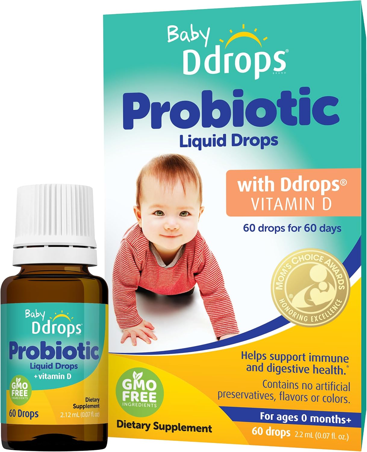 Ddrops Baby Probiotic with Vitamin D, 60 Drops - Colic Symptom Relief for Newborns and Infants - Easy-to-Use, Just One Drop Daily, No Sugar, Non-GMO, Allergy-friendy