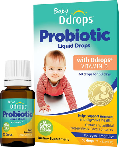Ddrops Baby Probiotic with Vitamin D, 60 Drops - Colic Symptom Relief for Newborns and Infants - Easy-to-Use, Just One Drop Daily, No Sugar, Non-GMO, Allergy-friendy