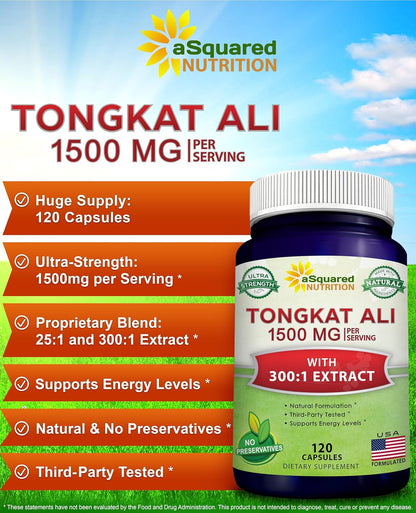 aSquared Nutrition Tongkat Ali 1500mg - 120 Capsules - Longjack (Eurycoma Longifolia) Extract Supplement & Long Jack Root Powder Pills - Tongkat Ali for Men & Women
