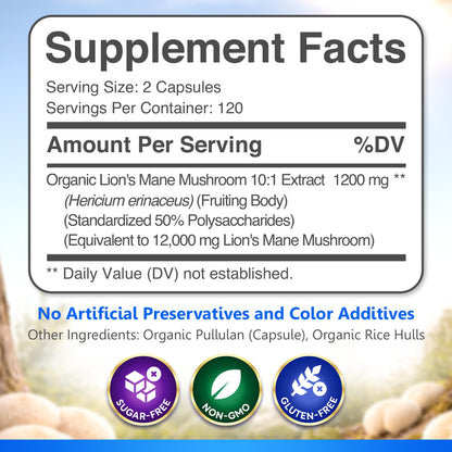 USDA Organic Lion's Mane, 50% Polysaccharides, 120ct | Focus | Brain Health