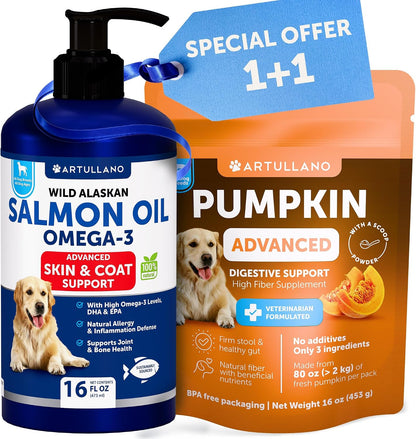Pumpkin Powder for Dogs + Salmon Oil Bundle - Fiber Supplement for Digestion, Gut Balance & Firm Stool - Omega 3 with EPA & DHA for Skin, Coat, Joint & Allergy Support
