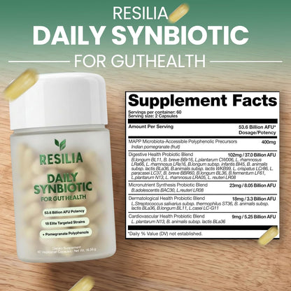 Resilia Synbiotic Probiotic + Prebiotic Supplement for Women & Men – 53.6 Billion AFU, 18 Strains, Shelf-Stable Capsules with Polyphenols, Digestive & Gut Balance Support, 60 Capsules