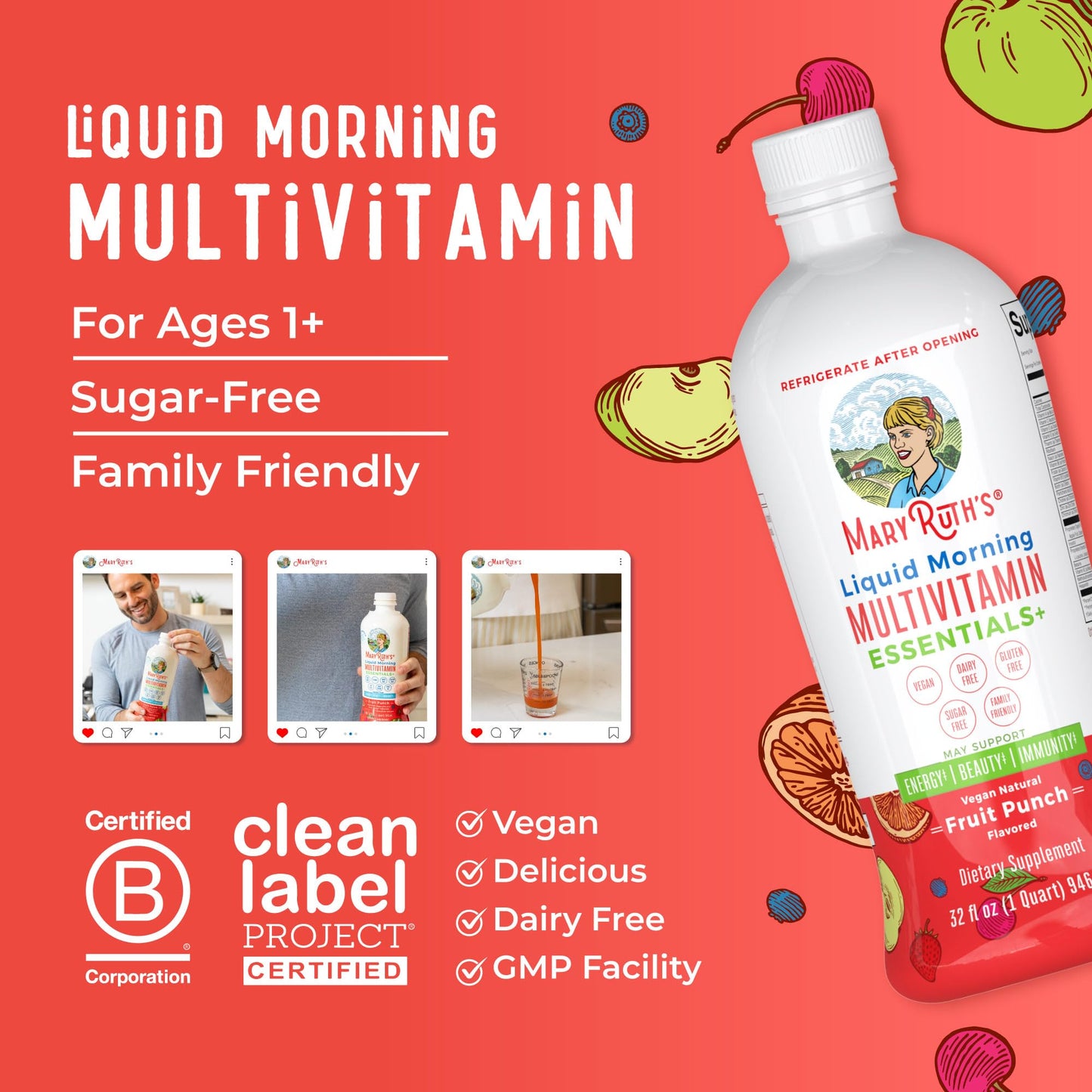 MaryRuth's Liquid Morning Multivitamin Essentials+ | Vitamin A C D E B6 B12 Biotin Zinc | Mens Womens Multivitamin | Immune Support | Beauty | Sugar Free | Vitamins for Ages 1+ | Vegan | 32 Fl Oz
