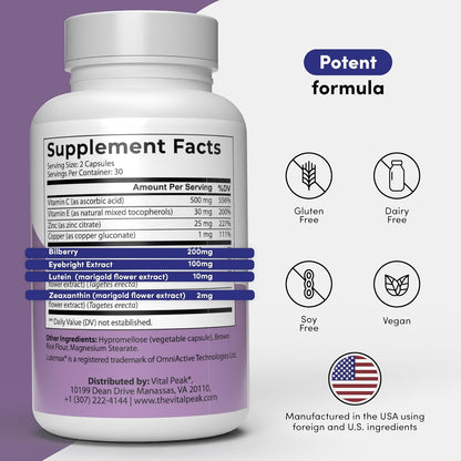 Vital Peak® Provision | Eye Health Supplements with Eyebright, Lutein | Eye Vitamins, Bilberry, Eyebright, Lutein, Zeaxanthin. 30 Days Supply. 60 Capsules