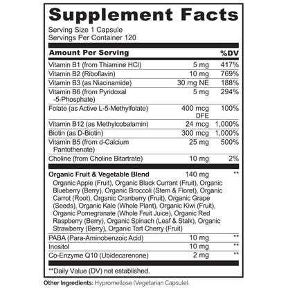 NATURELO Vitamin B Complex,120 Capsules, Vegan, CoQ10, Methyl Folate, Biotin, Fruit & Veg Blend, Supports Energy and Healthy Stress Response, Super B Complex Vitamins for Women and Men