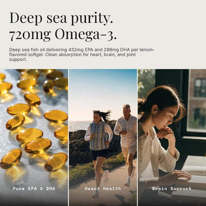 Pure Omega 3 Fish Oil 1200mg - EPA 432mg DHA 288mg - Heart, Brain & Joint Support - Lemon Flavored, Non-GMO, Gluten Free - 60 Softgels