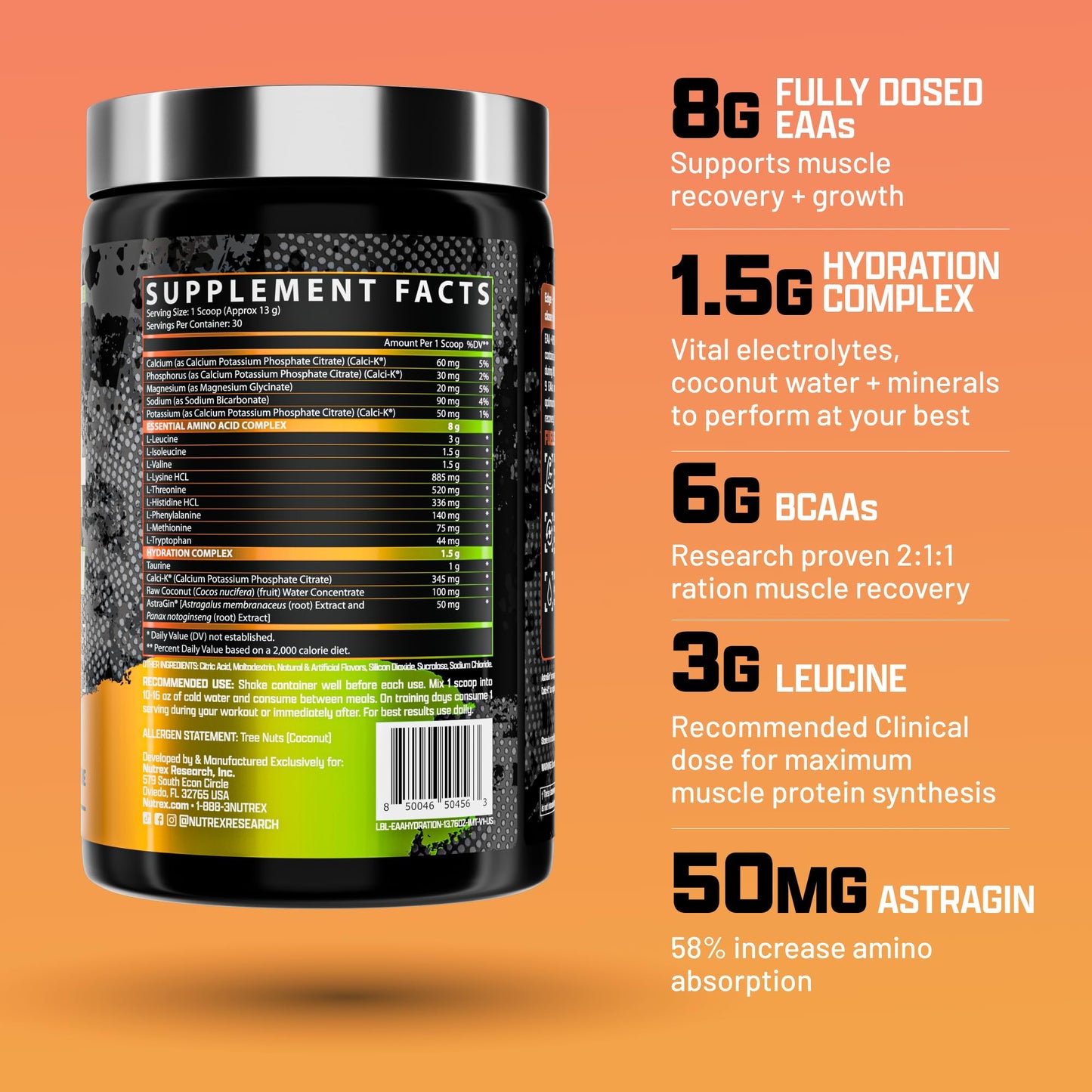 Nutrex Research EAA Hydration | EAAs + BCAA Powder | Muscle Recovery, Strength, Muscle Building, Endurance | 8G Essential Amino Acids + Electrolytes | Strawberry Watermelon 30 Serving