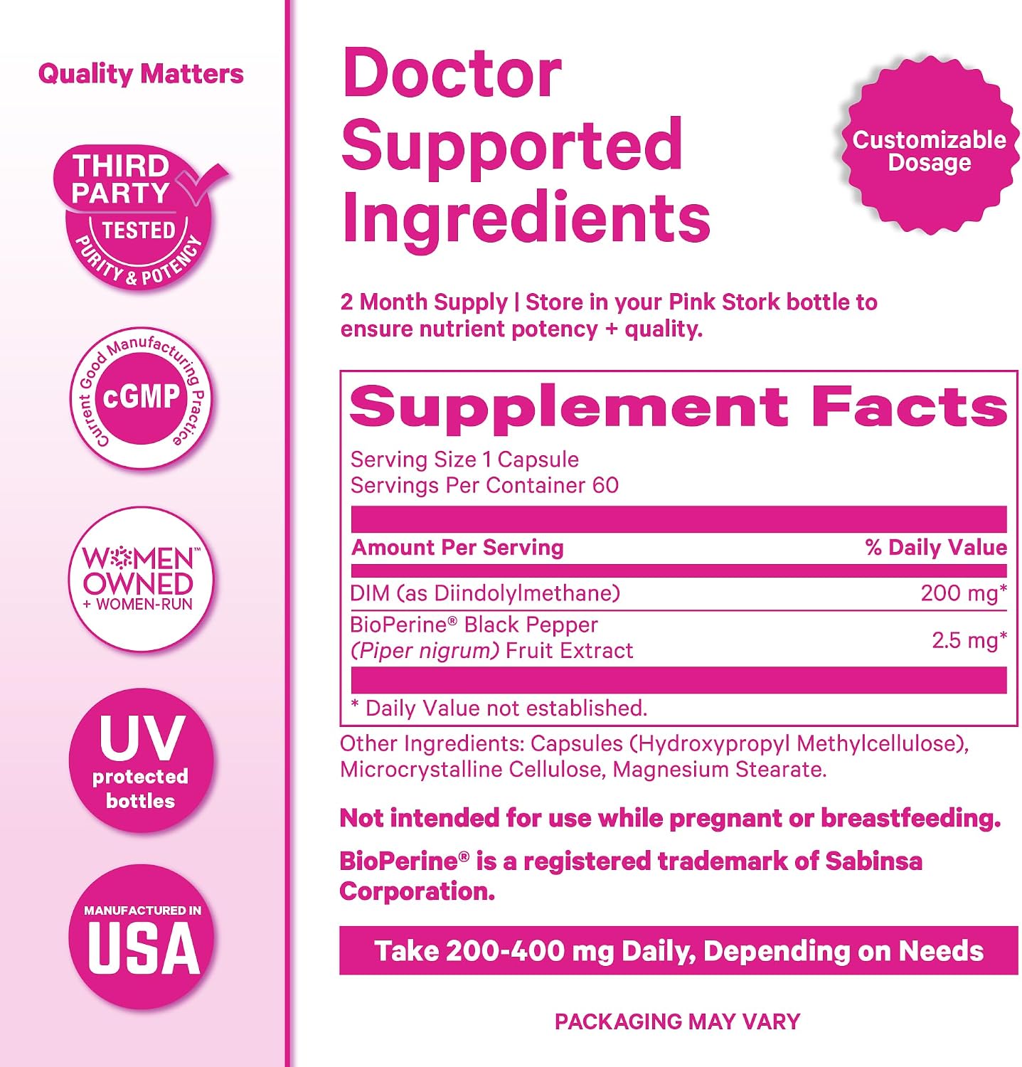 Pink Stork DIM Supplement for Women, 60 Capsules | Estrogen and Hormone Balance for Menopause, Perimenopause & PMS, DIM 200 mg plus BioPerine, Mood Support, 60 Day Supply