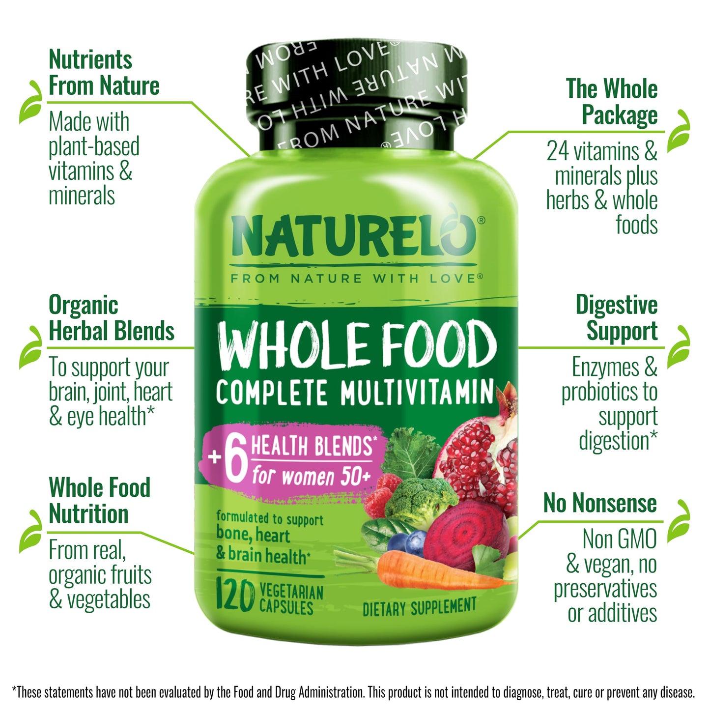 NATURELO Whole Food Multivitamin for Women 50+ (Iron Free) with Vitamins, Minerals, & Organic Extracts - Supplement for Post Menopausal Women Over 50 - No GMO - 120 Vegan Capsules