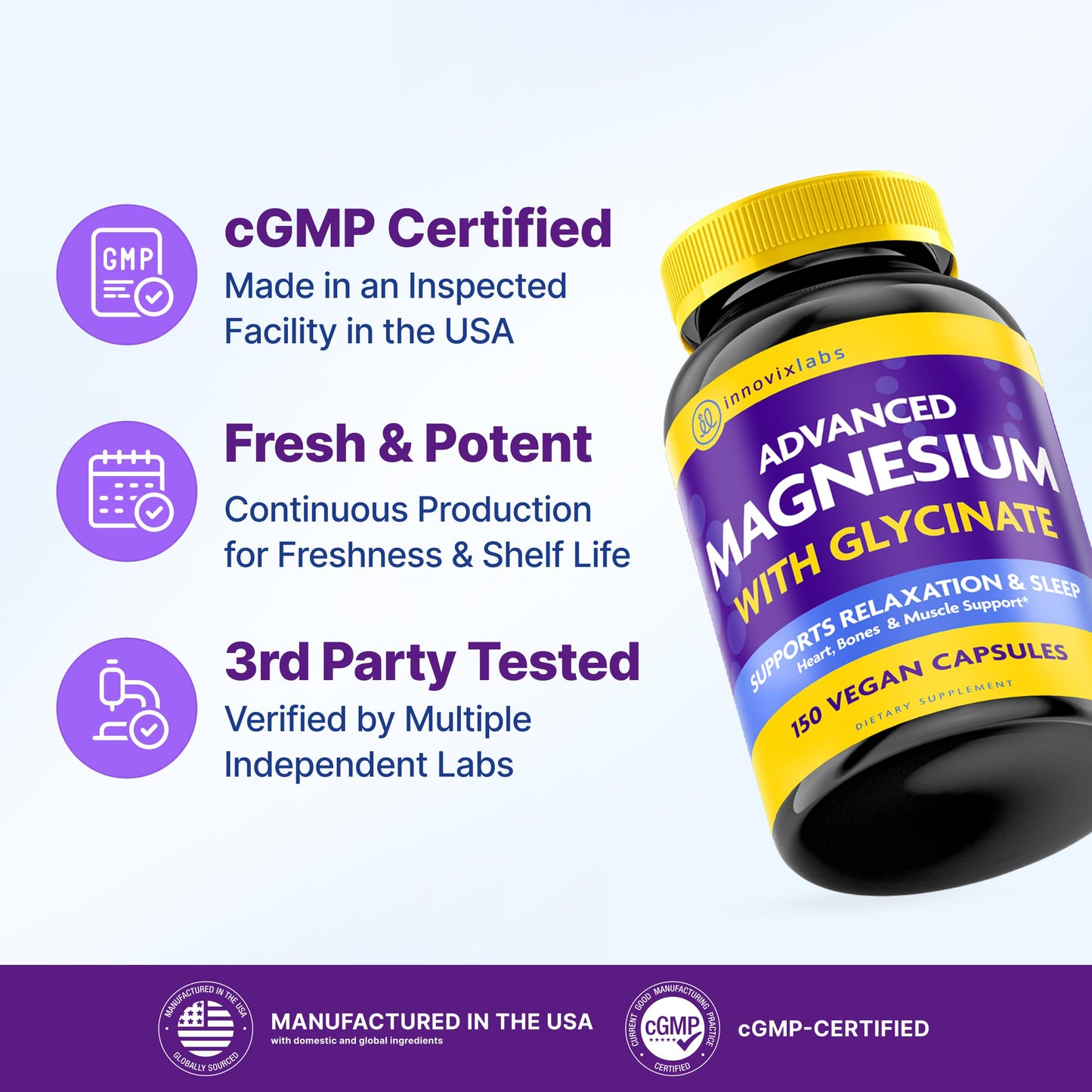 InnovixLabs Advanced Magnesium Capsules - 150 Ct, 210 mg - Chelated Glycinate and Malate - High Absorption, Promotes Relaxation, Bones, Muscle Health, Vegan Malate Sleep Supplement