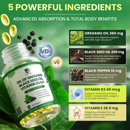 Oregano Oil Softgels with Black Seed Oil, 99% Carvacrol, 180 Ct, 3 Month | 5-in-1 with Vitamin D3 E Black Pepper, Immune, Respiratory, Digestive & Antioxidant*, Ultra-Concentrated, Easy to Swallow