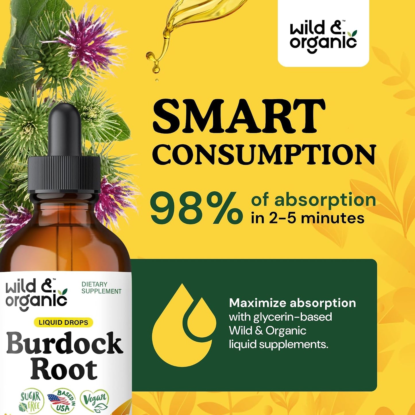 Wild & Organic Burdock Root Tincture - Antioxidant, Detox & Lymphatic Support - Burdock Root Extract Drops - Arctium Lappa Herb Supplement - Add to Tea - Vegan, Sugar & Alcohol-Free - 4 fl oz