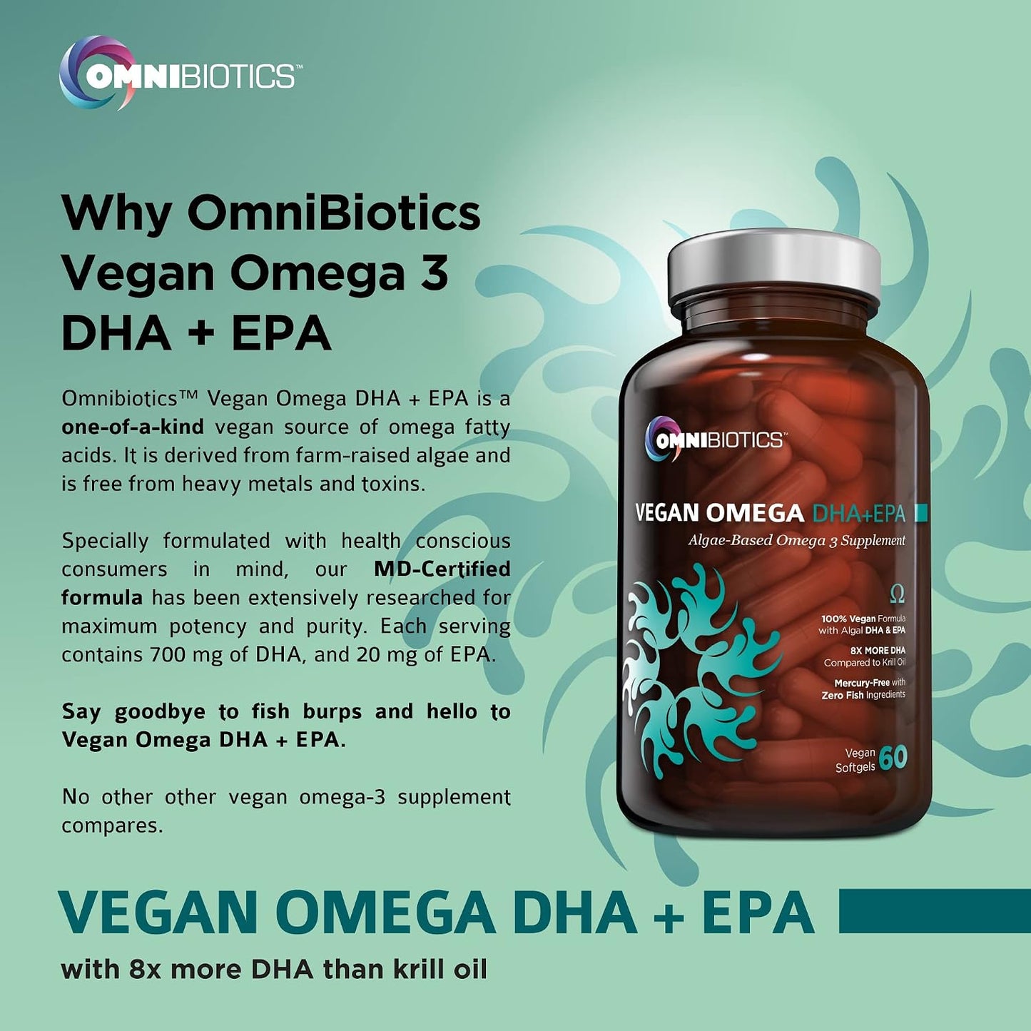OmniBiotics Vegan Omega 3 DHA EPA Supplement – MD-Certified Prenatal Supplement with 8X More DHA Than Krill Oil, Fish-Free, Non-GMO – 60 Vegan Capsules