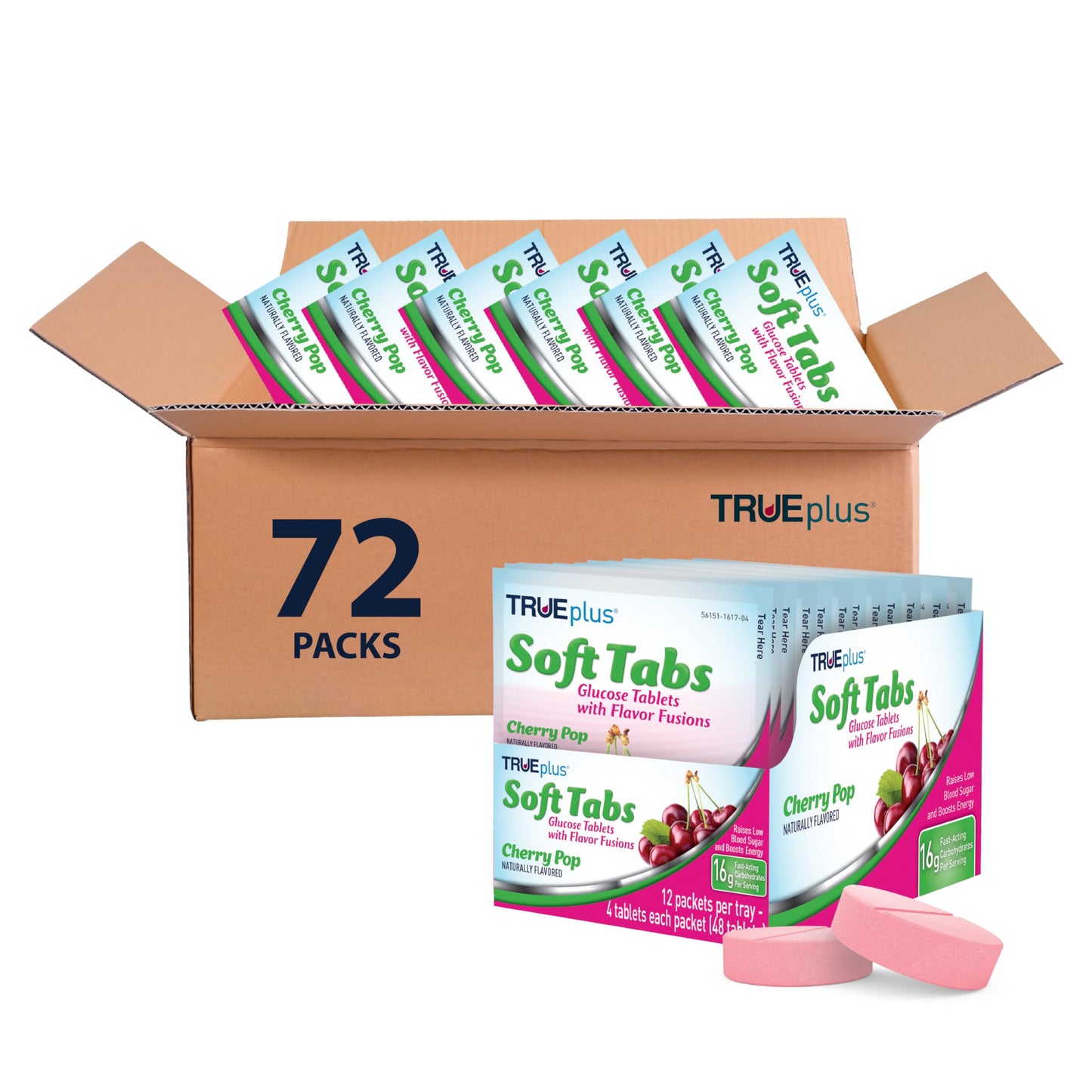 TRUEplus Soft Tabs Glucose Tablets, Cherry Pop Flavor, 4 Count, 12 Packs | Chewable Tablets, 16g Fast-Acting Carbohydrates, Fat Free, Gluten Free, Boosts Energy, Great Tasting and Easy to Use