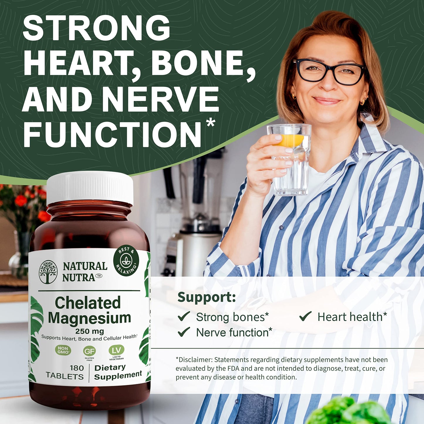 Natural Nutra Chelated Magnesium Oxide 250mg- High Absorption for Strong Bones, Heart Health, Improves Dental Health, Energy Boost, Gluten-Free, Non-GMO, 90Tablets in BPA-Free Recyclable Glass Bottles