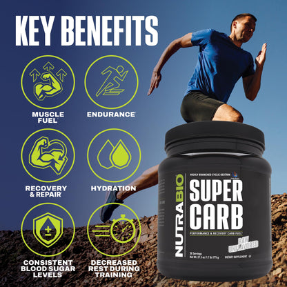 NutraBio Super Carb, Carbohydrate Powder with Cluster Dextrin & Electrolytes, Advanced Carb Supplement Powder for Workout Fuel, Performance, and Muscle Recovery, Cyclic Dextrin, Unflavored, 30 Sv