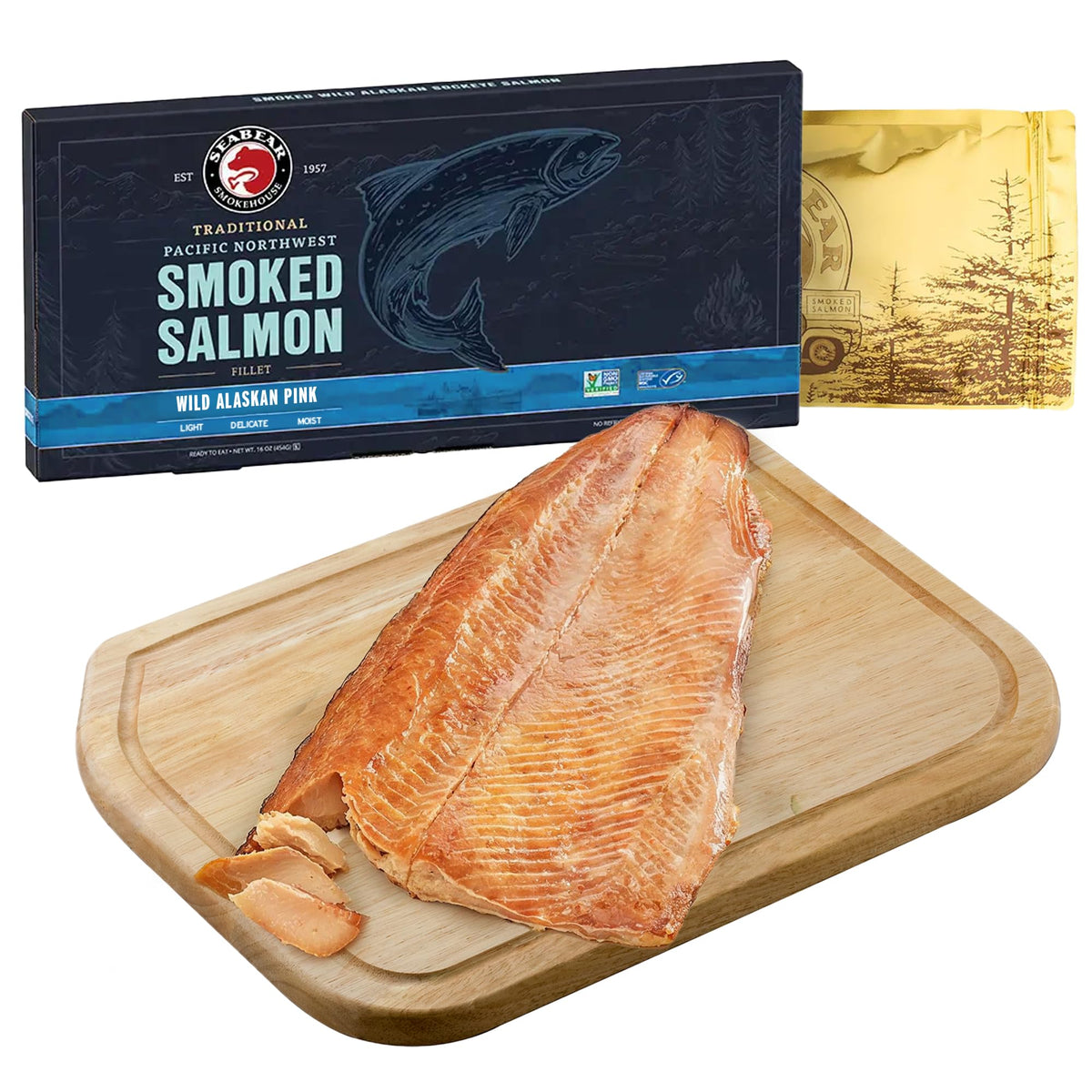 SeaBear Smoked Salmon Trio 18oz (3 x 6oz) Fillets Gift Box – Wild Alaska Sockeye, Wild Pink & Coho Fillets, Shelf Stable, Ready to Eat, 18 Ounce (3 x 6 Ounce) Filets