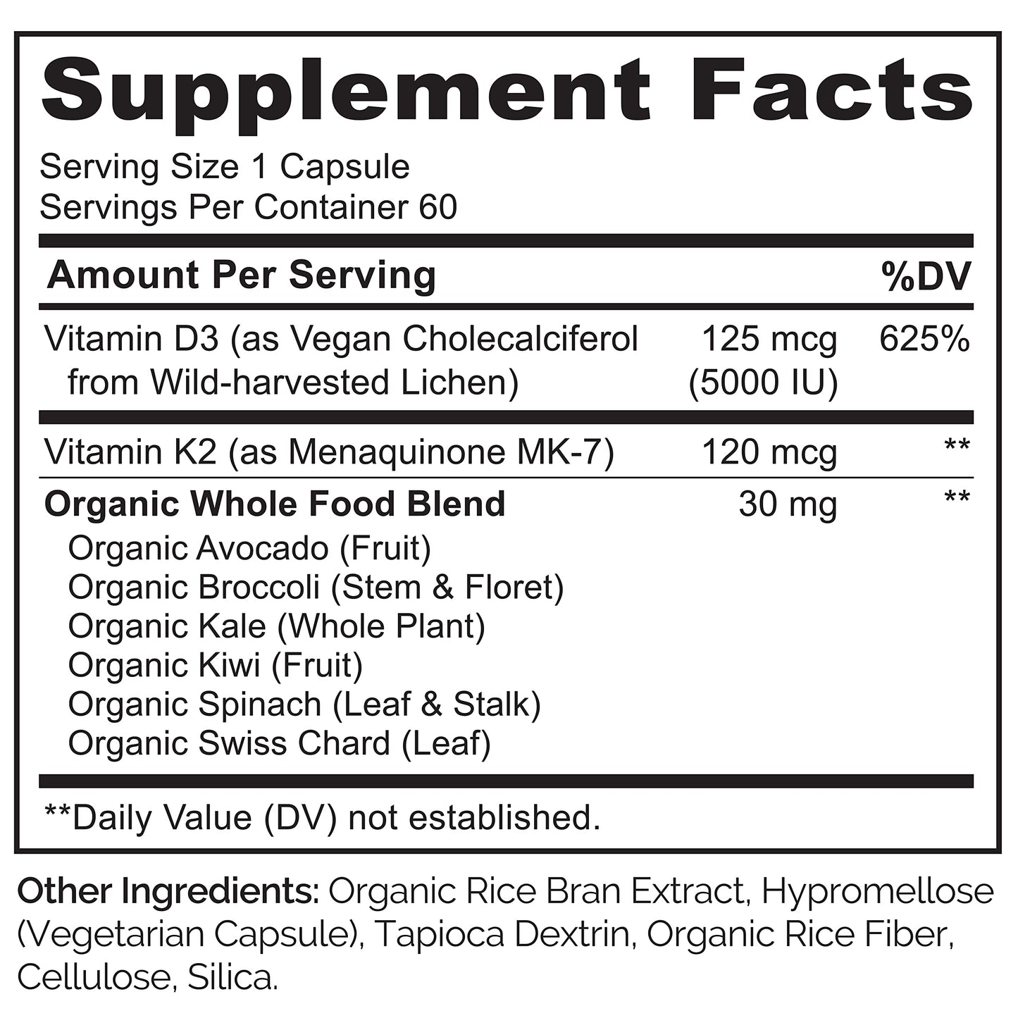 NATURELO Vitamin D3 K2 - Vegan with Plant Based D3 from Lichen - Natural Supplement for Immune System, Bone Support, Heart Health - Whole Food - Non-GMO - Gluten Free, 60 Capsules
