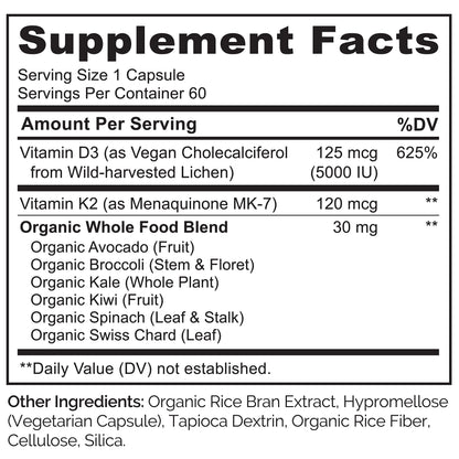 NATURELO Vitamin D3 K2 - Vegan with Plant Based D3 from Lichen - Natural Supplement for Immune System, Bone Support, Heart Health - Whole Food - Non-GMO - Gluten Free, 60 Capsules