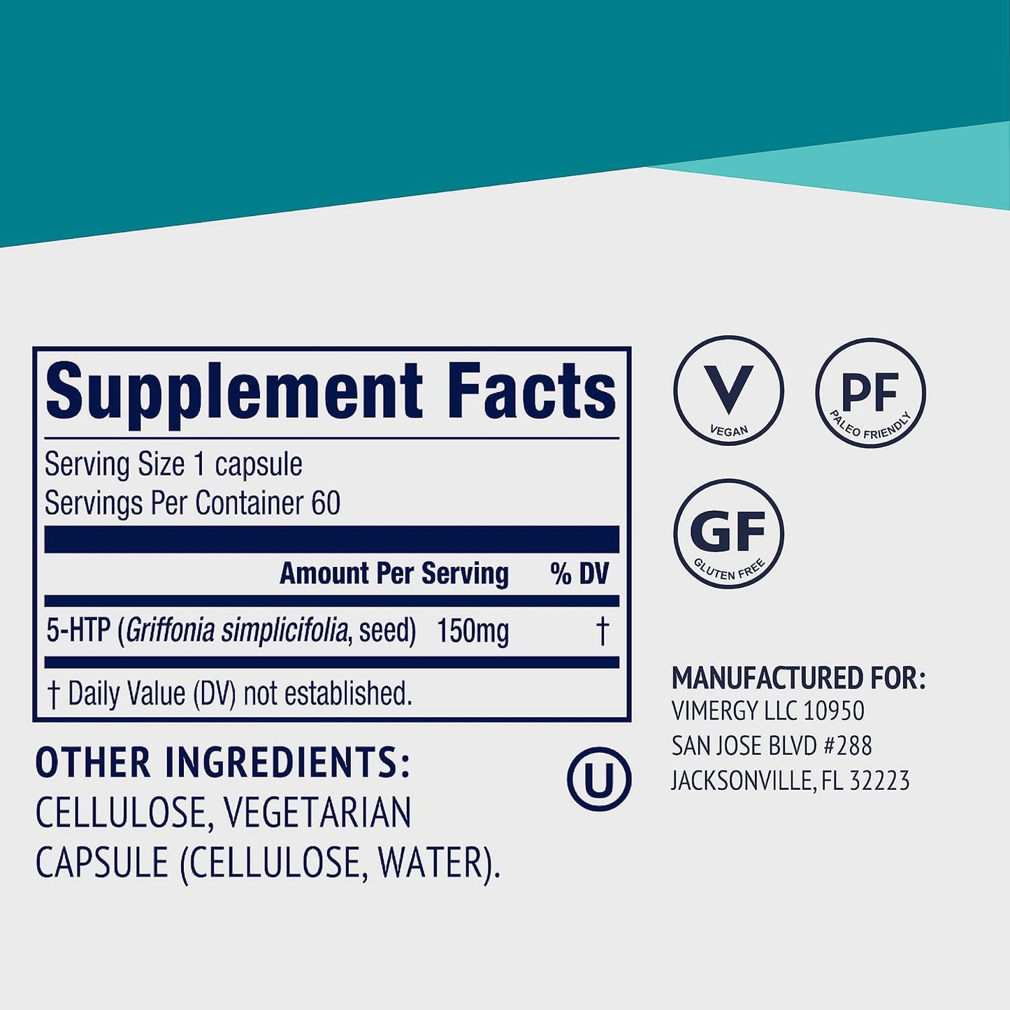 Vimergy 5-HTP, 150mg Per Serving, Vegan Capsules, 60 Servings | Promotes Healthy Mood and Sleep*, Ideal for Vital Mind and Energy, Rejuvenating formulation*, Clean Formula, Kosher