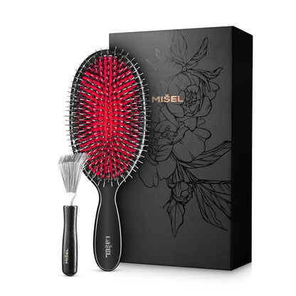 MISEL Boar Bristle Hair Brush and Brush Cleaner Bundle for Women and Men | Detangles