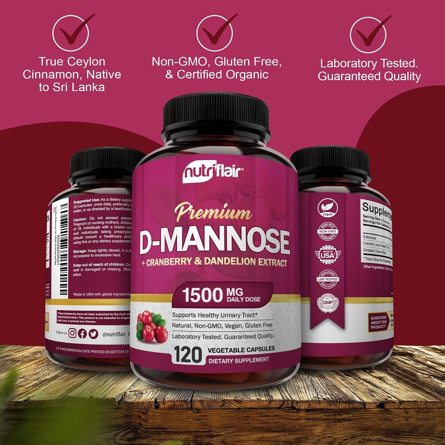 NutriFlair D-Mannose 120 Capsules, 1500mg - with Cranberry and Dandelion Extract - Natural Urinary Tract Health UTI Support - Best D Mannose Powder - Flush Impurities, Detox Body, for Women and Men
