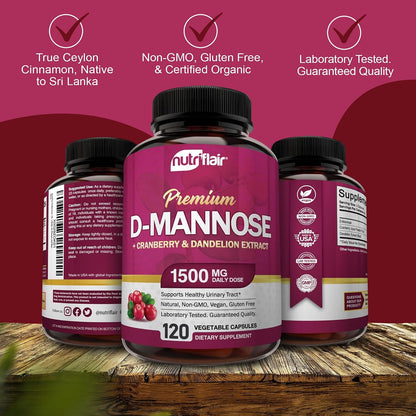 NutriFlair D-Mannose 120 Capsules, 1500mg - with Cranberry and Dandelion Extract - Natural Urinary Tract Health UTI Support - Best D Mannose Powder - Flush Impurities, Detox Body, for Women and Men