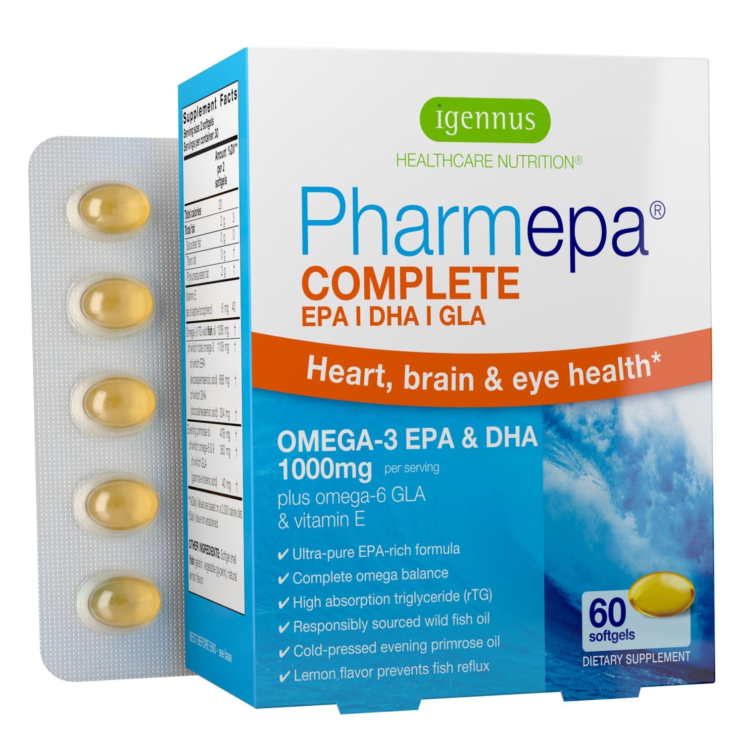 Igennus Pharmepa rtg Omega 3 EPA DHA Fatty Acids 1000mg, IFOS Certified, High Potency Wild Fish Oil with GLA Evening Primrose Oil, Lemon Flavor, 60 Softgels