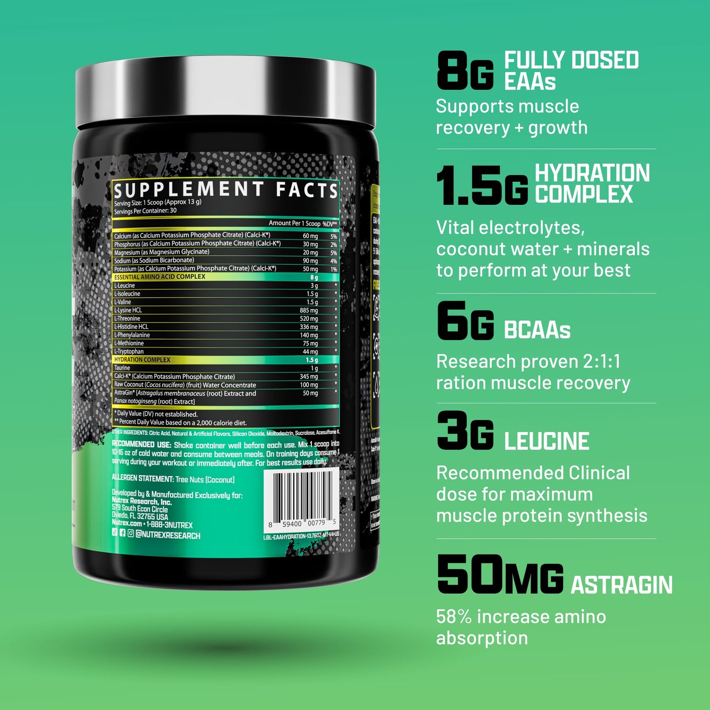 Nutrex Research EAA Hydration | EAAs + BCAA Powder | Muscle Recovery, Strength, Muscle Building, Endurance | 8G Essential Amino Acids + Electrolytes | Strawberry Watermelon 30 Serving