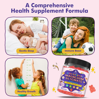 Magnesium Glycinate Gummies for Kids 4+ & Adults- Magnesium Glycinate 150/300 mg for Natural Sleep, Relaxation & Calm Support, Melatonin Free, Sugar Free Strawberry Flavor, 60 Ct