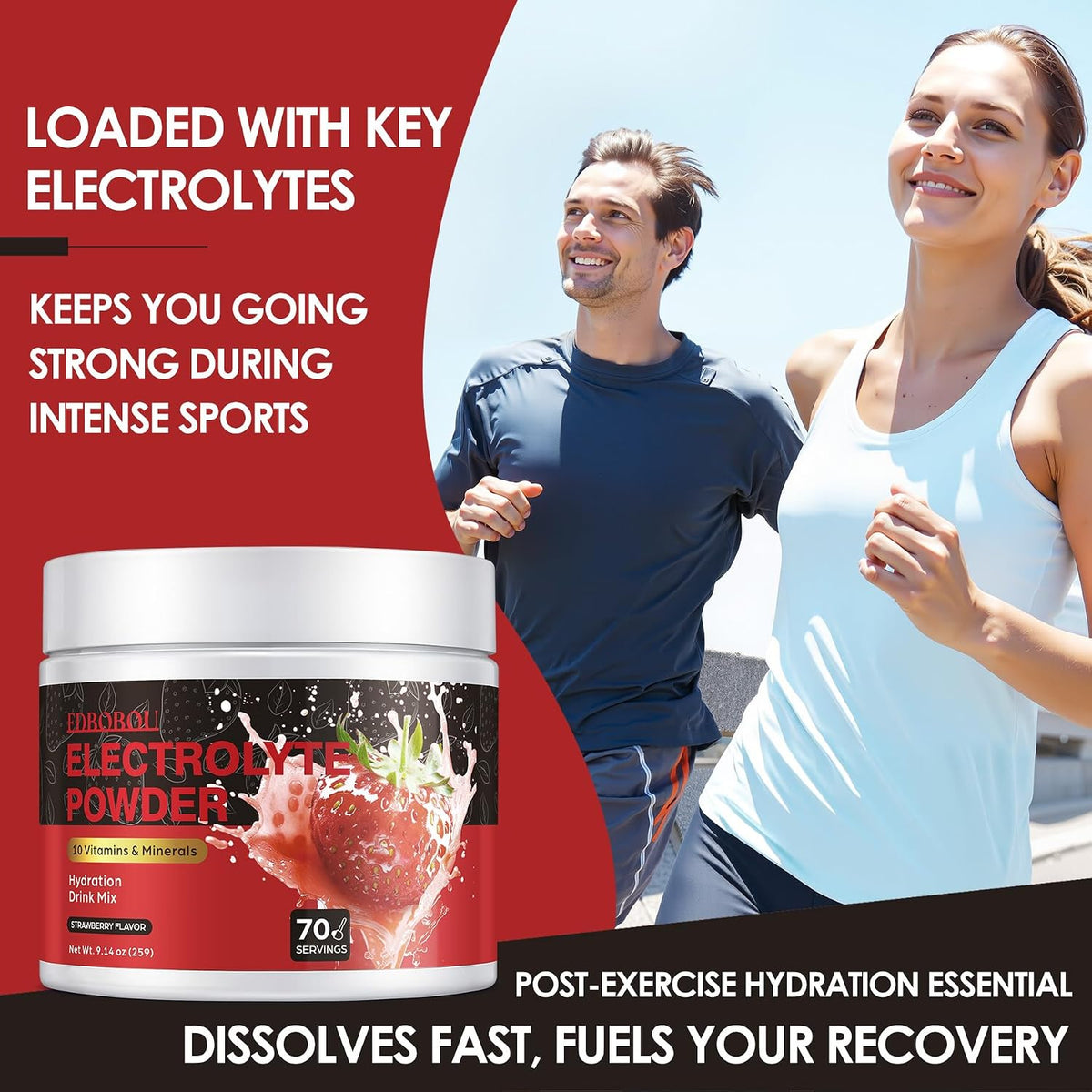 Sugar Free Electrolyte Powder Strawberry 70 Servings Refreshing Hydration Mix with Potassium, Sodium & Magnesium Fast-Absorbing Hydration Supplement, Gluten-Free, Ideal for Athletes