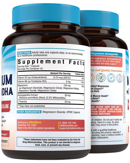Vitalibre Magnesium Complex with Ashwagandha, L-Theanine & Vitamin D3, B6 | Stress Relief, Bone & Relaxation Support - w/ Magnesium Glycinate, Citrate, Malate, Taurate - Non-GMO, 90 Capsules