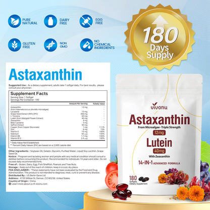 14-in-1 Astaxanthin 12mg & Lutein 40mg with Zeaxanthin Supplements, 6 Month Supply, Fresh Microalgae Source, Supports Eye, Skin, Antioxidant, Joint, Circulatory Health Non-GMO Gluten Free 180 Softgels