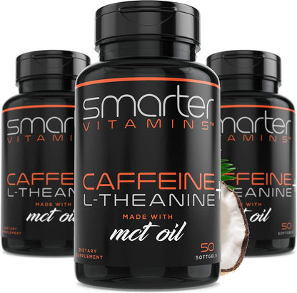 3-Pack Caffeine Pills 200mg with 100mg L-Theanine & MCT Oil, 150 Softgels | 2:1 Caffeine-to-L-theanine ratio for smooth energy and focus, one daily softgel, non-GMO, easy-to-swallow, third-party tested