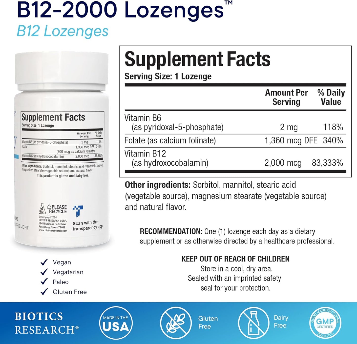 BIOTICS RESEARCH B12-2000™ Vitamin B12 2000 mcg, B6, Folate–B12 Sublingual Lozenges, Methylation Support Supplement, High Potency, Highly Absorbable, Natural, Berry Flavor, Dissolves Easily–60 Count