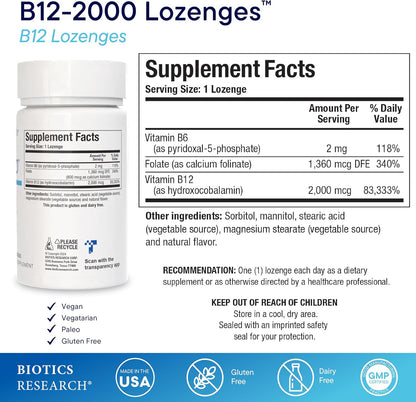 BIOTICS RESEARCH B12-2000™ Vitamin B12 2000 mcg, B6, Folate–B12 Sublingual Lozenges, Methylation Support Supplement, High Potency, Highly Absorbable, Natural, Berry Flavor, Dissolves Easily–60 Count